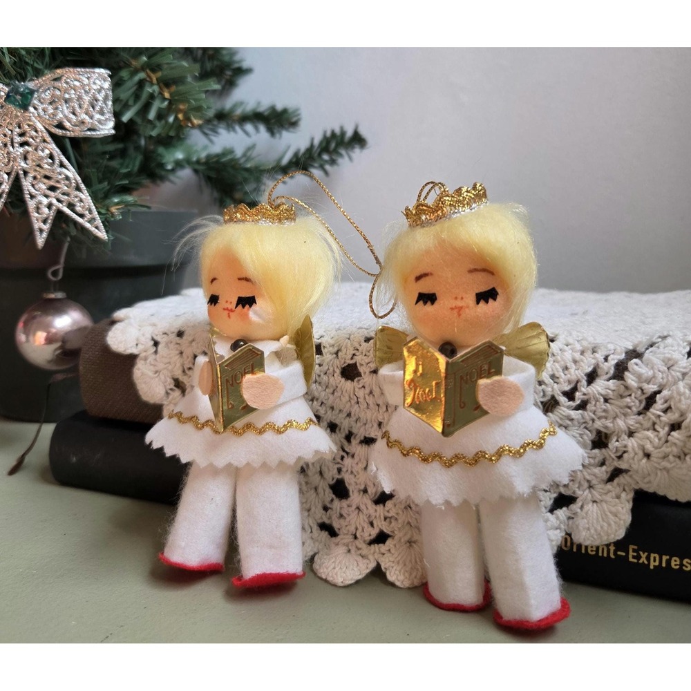 Vintage Japan Spun Cotton Choir Angels Pair Noel Christmas Ornaments